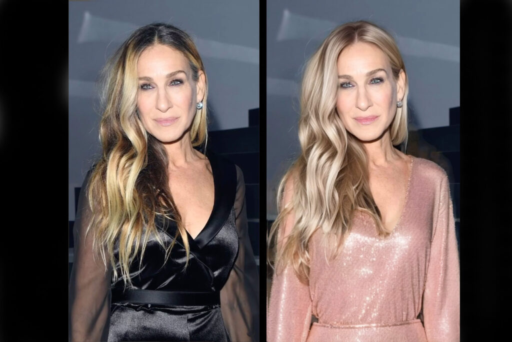 Sarah Jessica Parker in black clothing at a photoshoot and pink dress