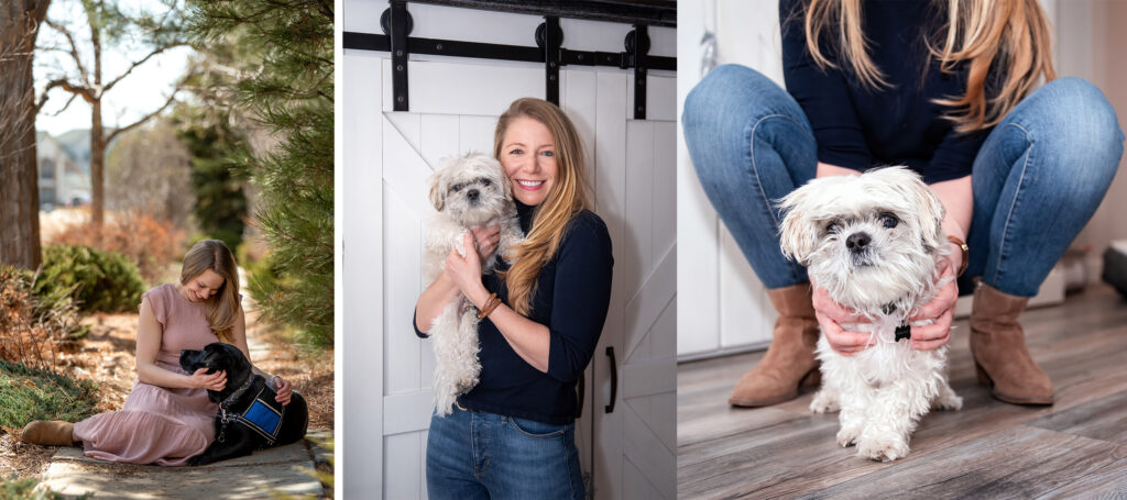 Woman in Pink Dress and Woman with Small Dog wear clothes that make them taller and thinner